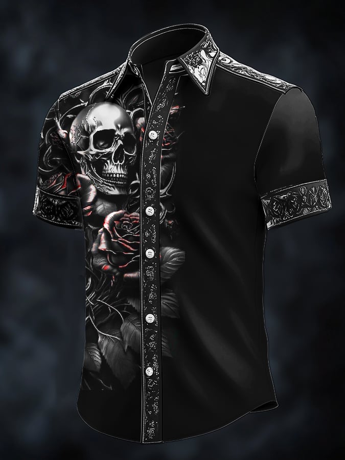 Camisa casual de moda Skull floral de manga corta para hombre