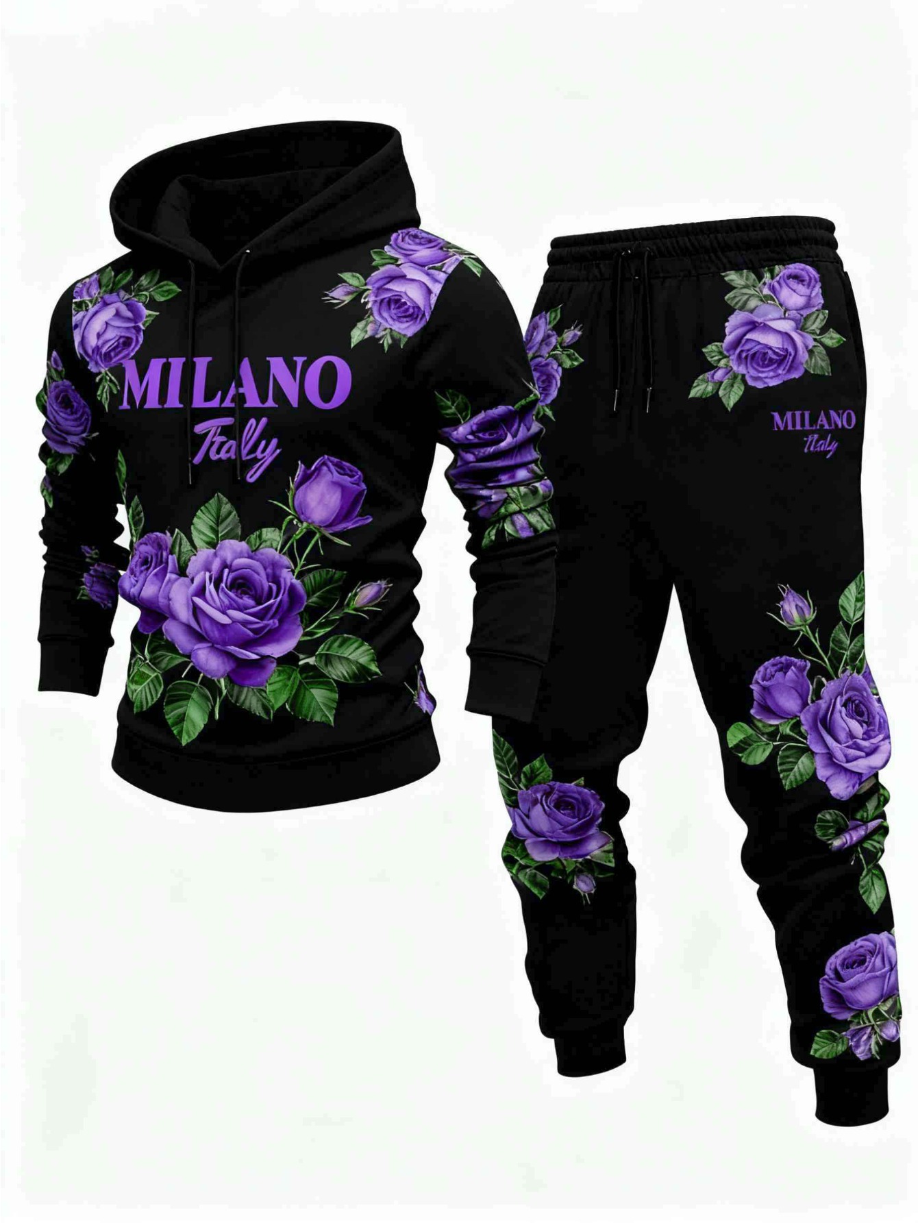 Conjunto de dos piezas casual Black & Purple Rose estampado sudadera con capuchas de manga larga sudaderas & Sweatpantalón para hombre