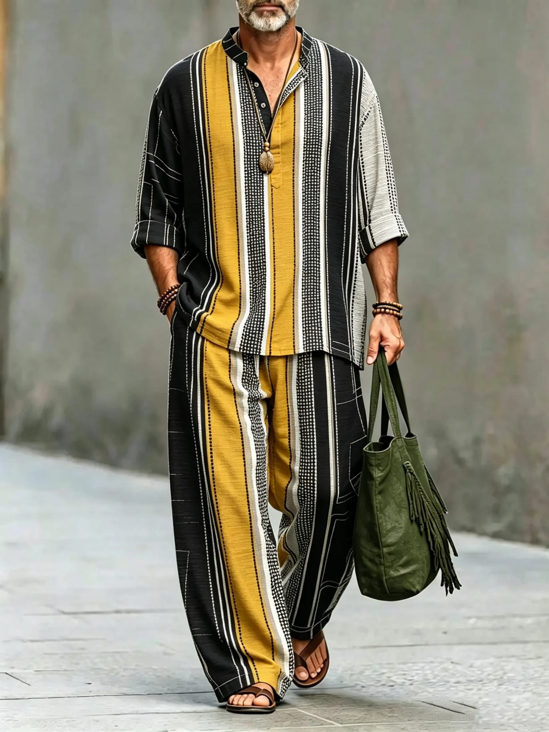 para hombre vintage Abstract Art estampado de algodón camisa Set (Top & pantalón)