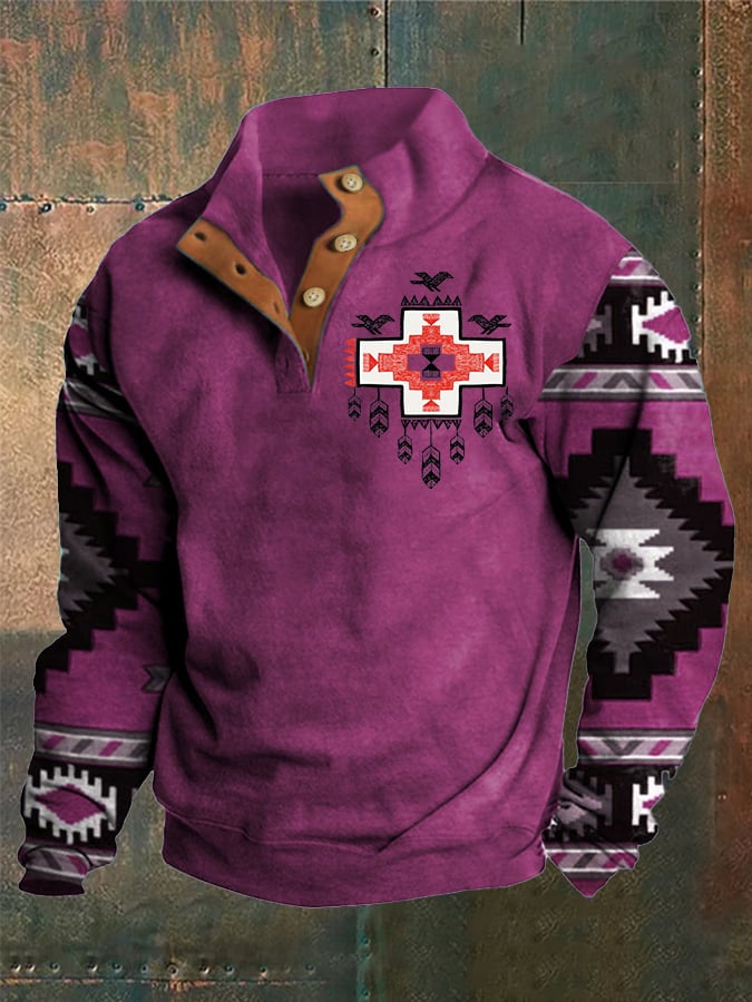 Sudadera Western Style estampado Stand cuello Button para hombre
