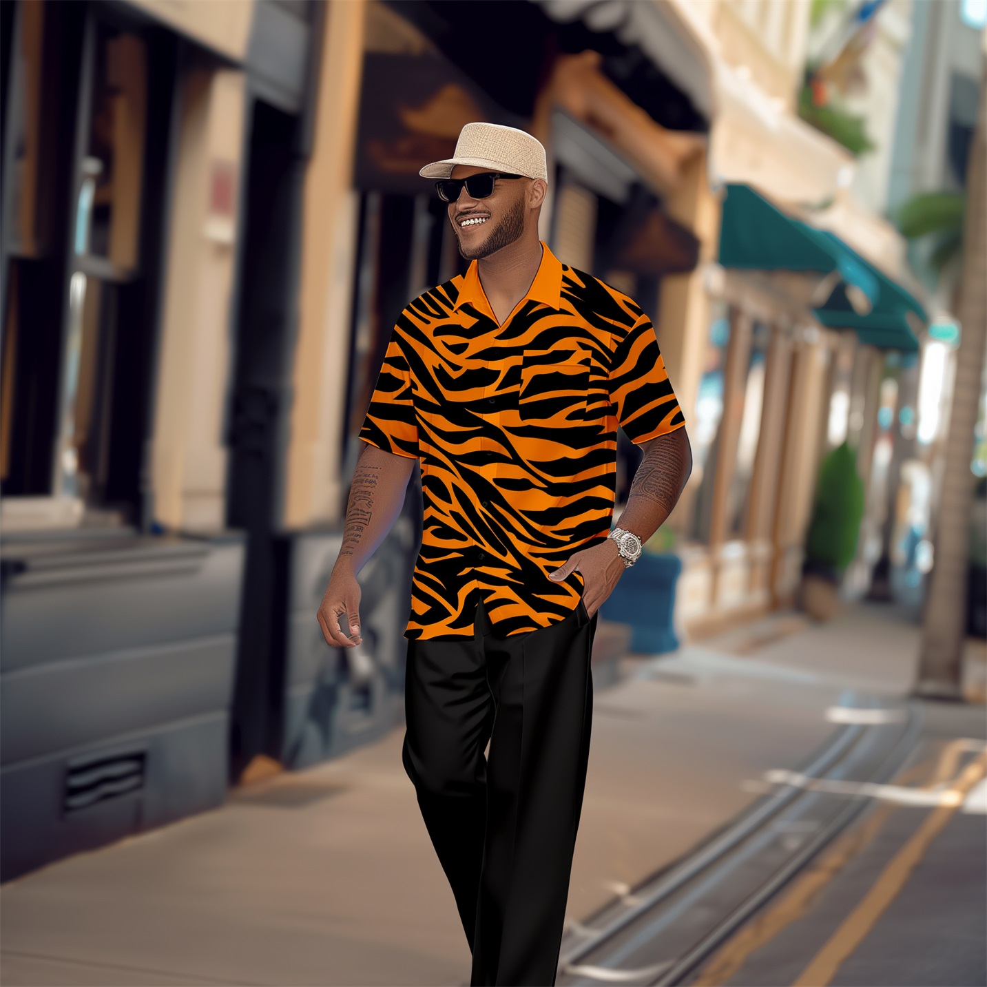 Camisa retro Tiger Pattern Colorblock de manga corta Walking Suit 1653 para hombre