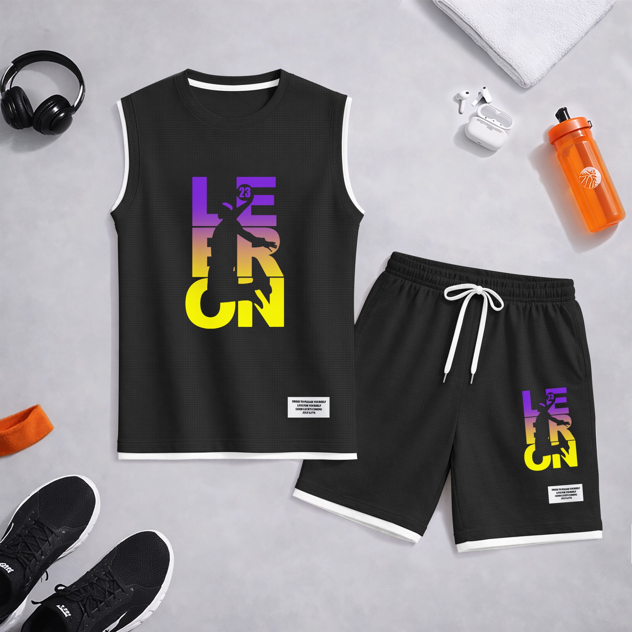 Shorts Basketball Gradient Letter Graphic estampado Summer Set Sleeveless Tank Top & Matching Outfit, Lightweight casual Streetwear Athletic Set for Everyday & Holiday para hombre