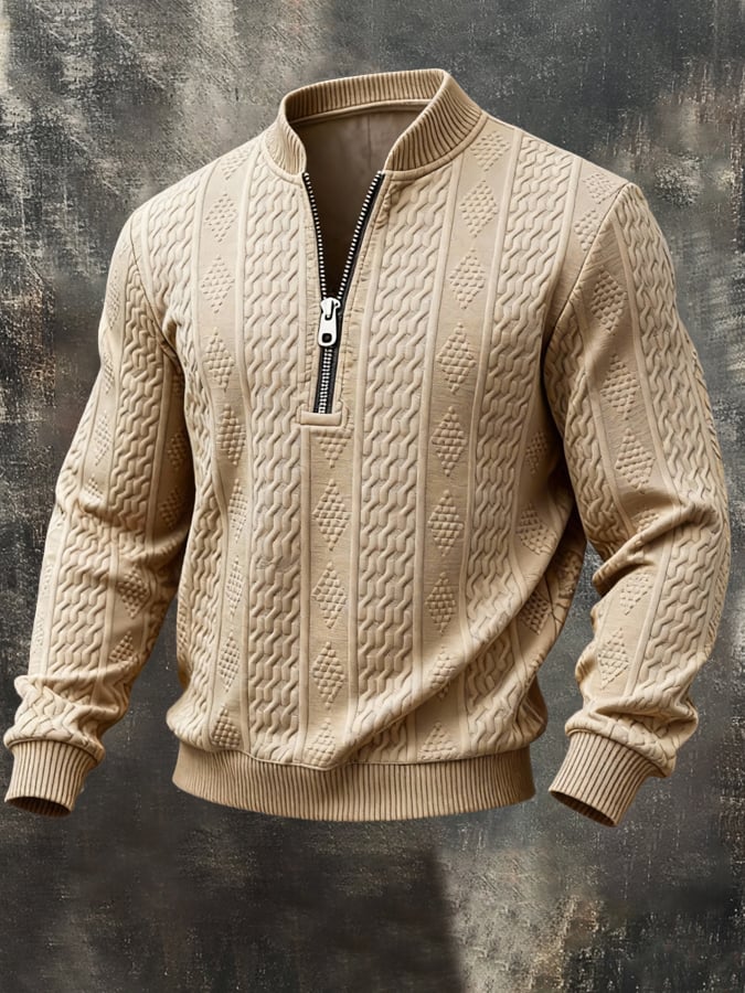 Sudadera casual retro Half-Zip Stand-cuello de manga larga para hombre