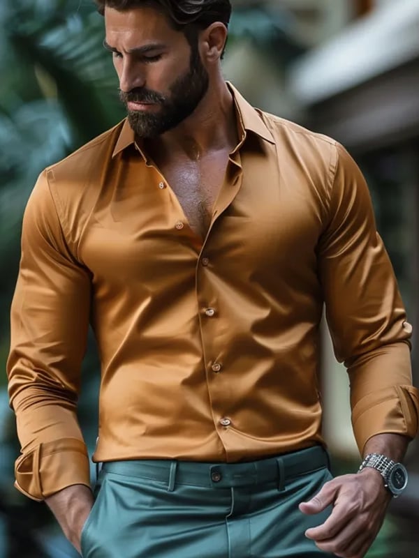 Camisa de lujo Romantic Contrast Color estampado de manga larga para hombre