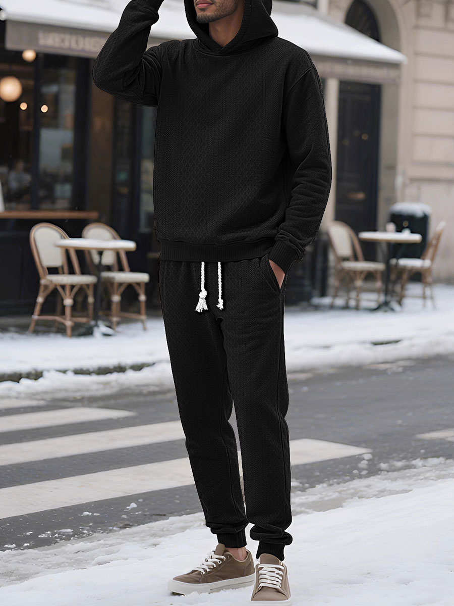 Sudadera holgado-fitting casual Sports de manga larga pantalón Jacquard Hooded Set para hombre