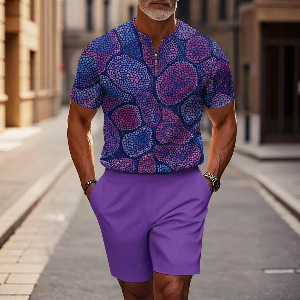 Conjunto de dos piezas casual Purple With Bricks estampado Half-Zip de manga corta camiseta And shorts para hombre