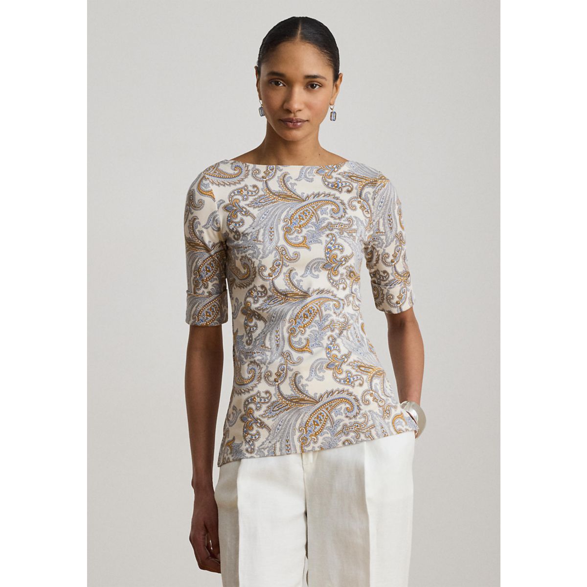 Petite Paisley Stretch Cotton Boatneck Tee - 1