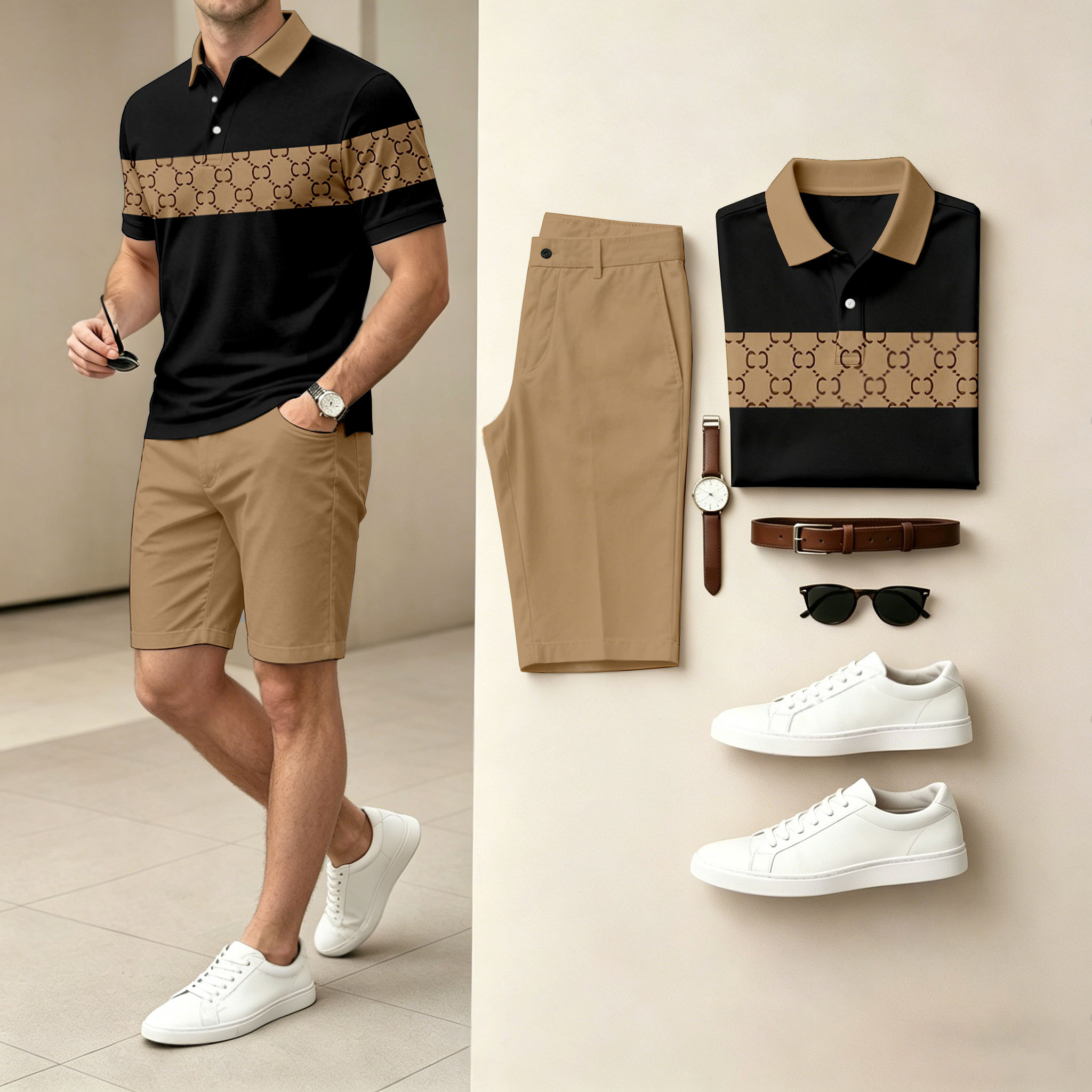 Conjunto de dos piezas casual Geometric Color camisa polo & shorts para hombre