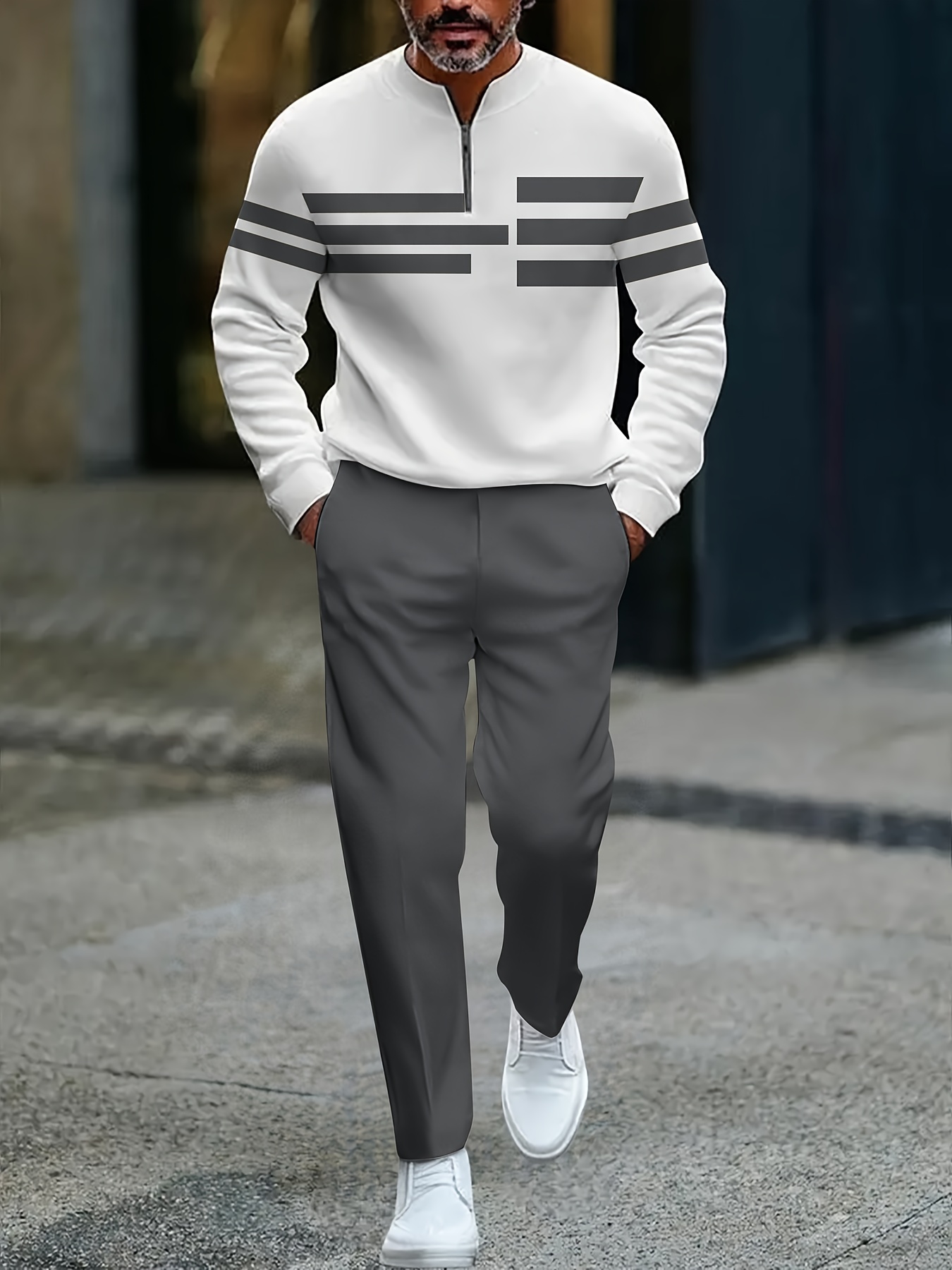 Conjunto de dos piezas casual Color Matching estampado Round-Neck Zipper de manga larga Trousers para hombre