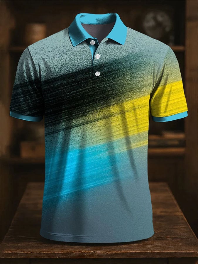 Camisa polo casual en bloques de color estampado de manga corta para hombre