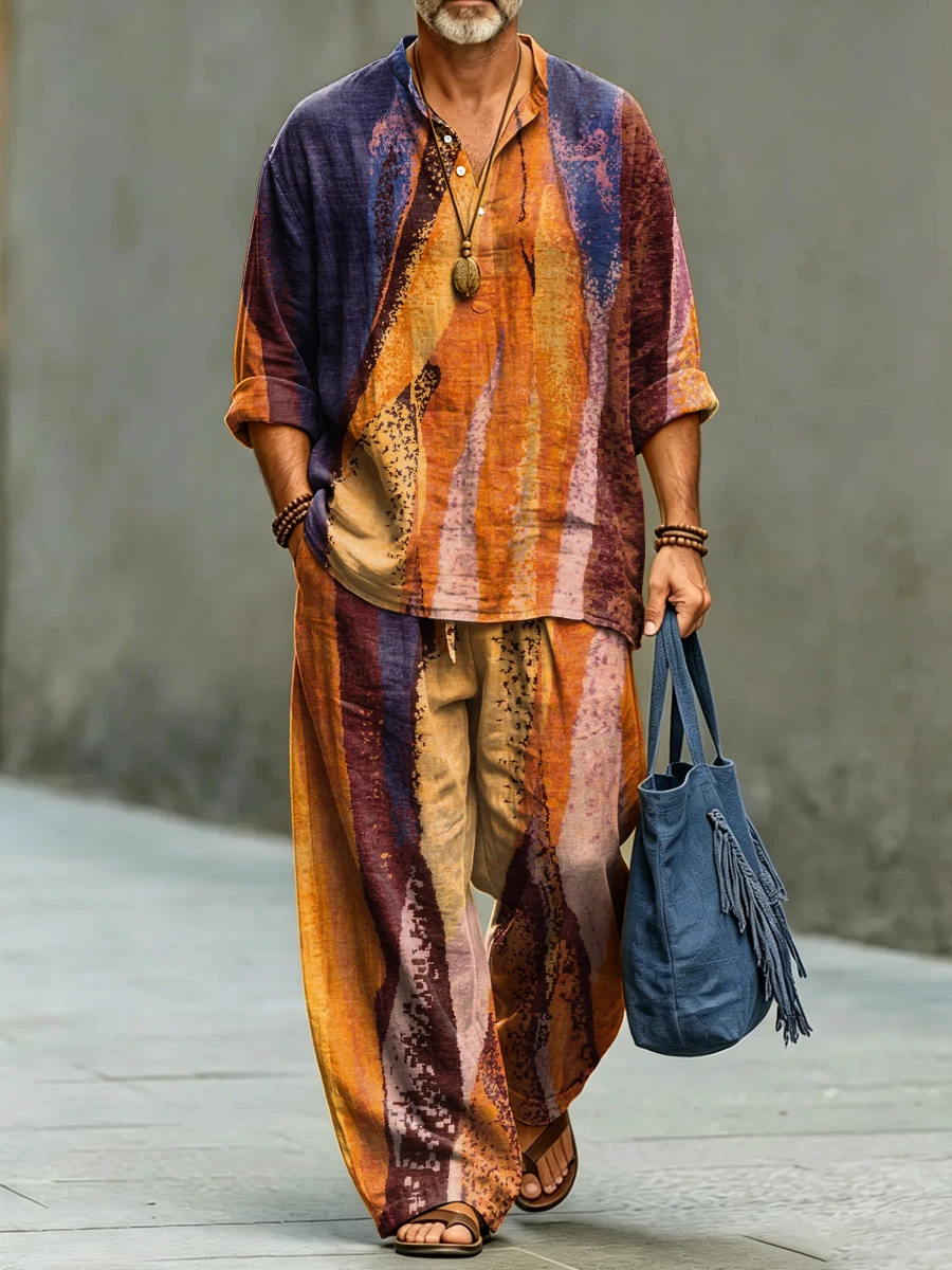 para hombre de modaable Abstract Stripe Art Print de algodón camisa Set