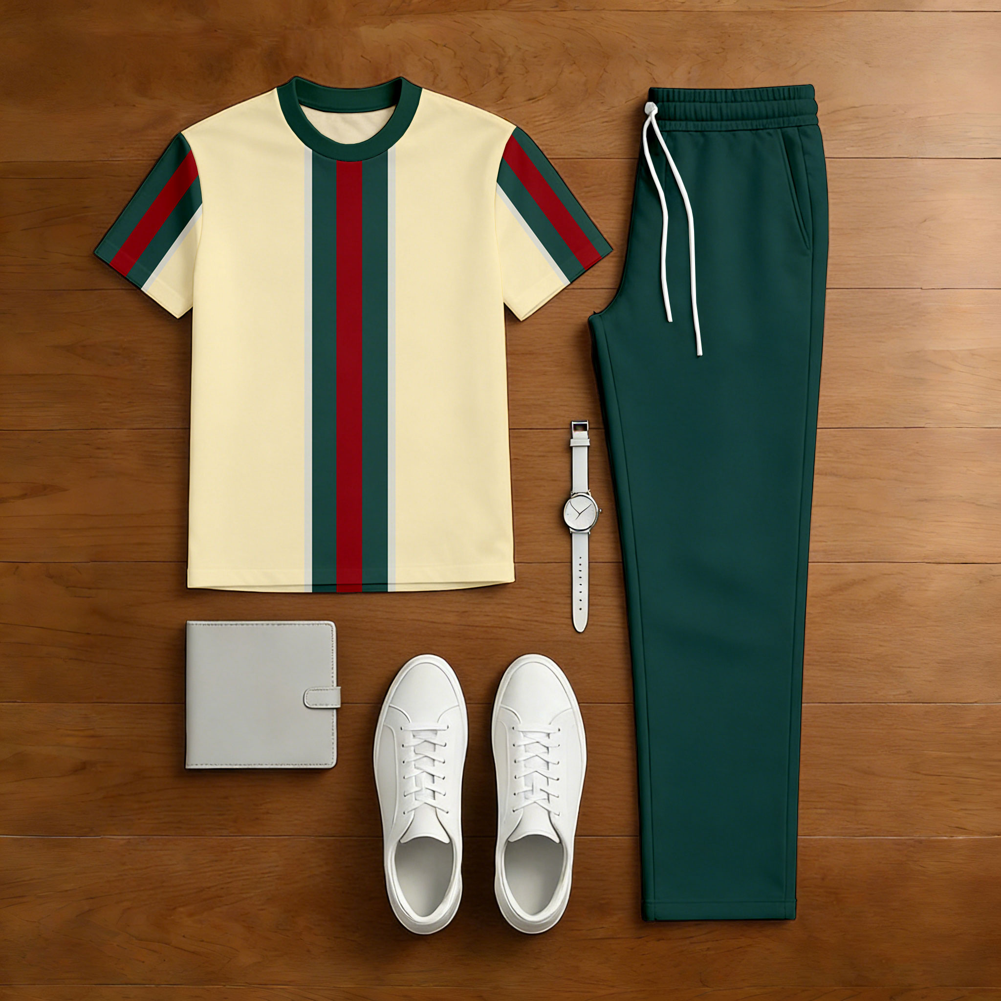 Conjunto de dos piezas casual Green & Yellow Color Matching estampado de manga corta camiseta & Trousers para hombre