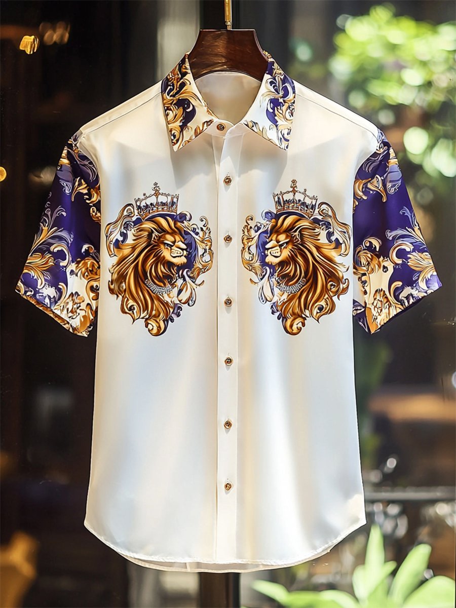 Camisa satén Luxe Lion estampado de manga corta Button para hombre