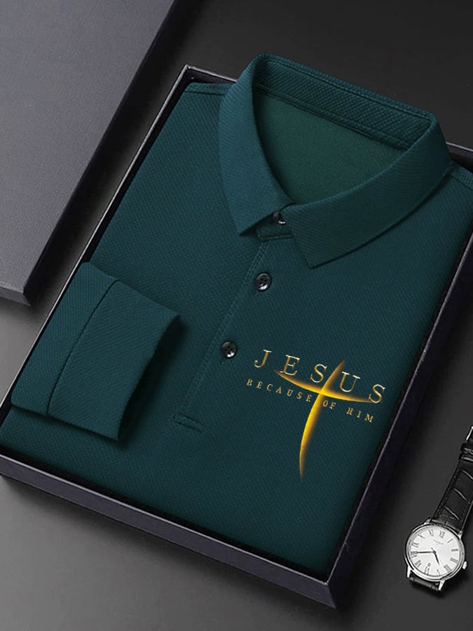Camisa polo vintage Faith “Jesus Because Of Him” de manga largas para hombre