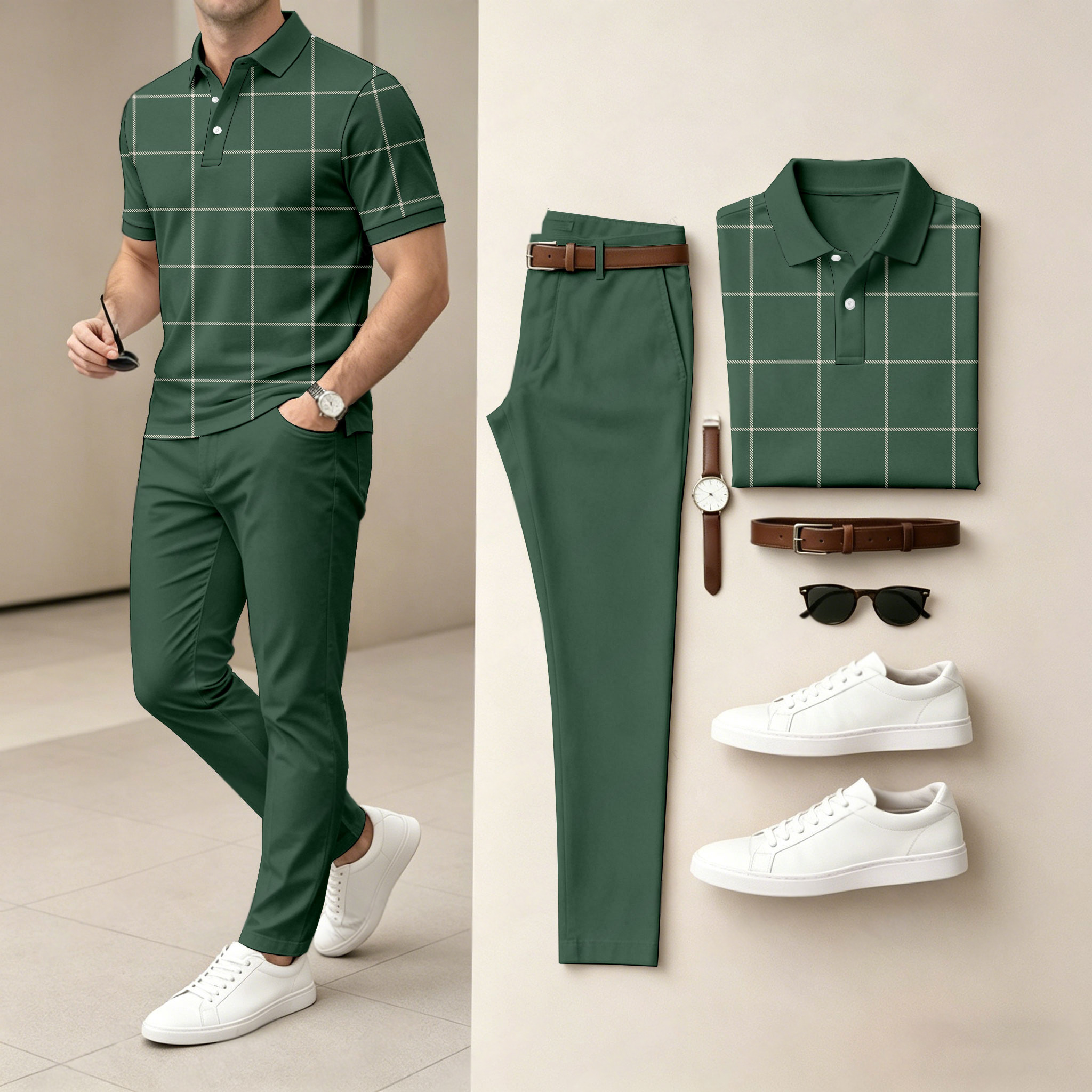Conjunto de dos piezas casual Dark Green a cuadros estampado camisa polo And pantalón para hombre