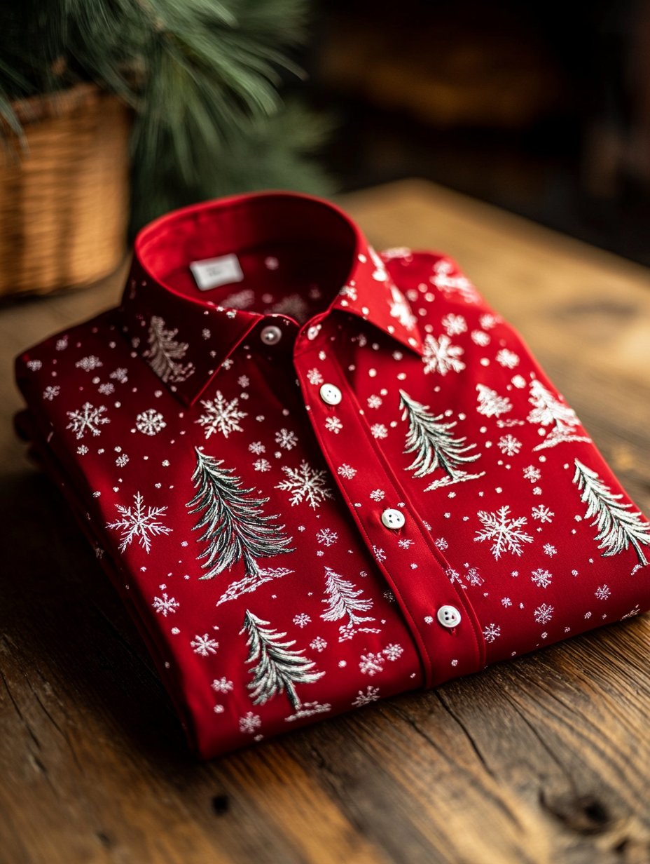 Camisa ejecutivo retro Christmas Snowflake Evergreen estampado de manga larga para hombre