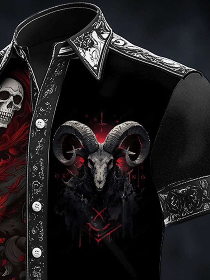Camisa casual Dark Skull Demon Art satén para hombre