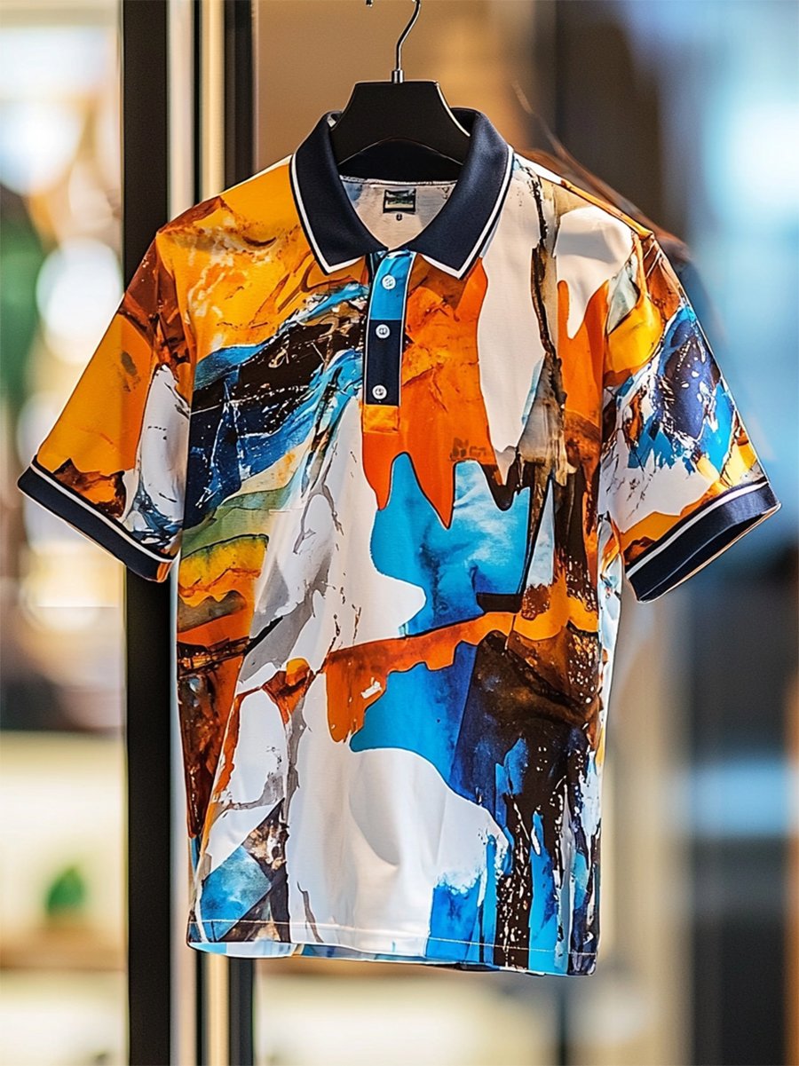 Camisa polo Resort casual degradado estampado Button de manga corta para hombre