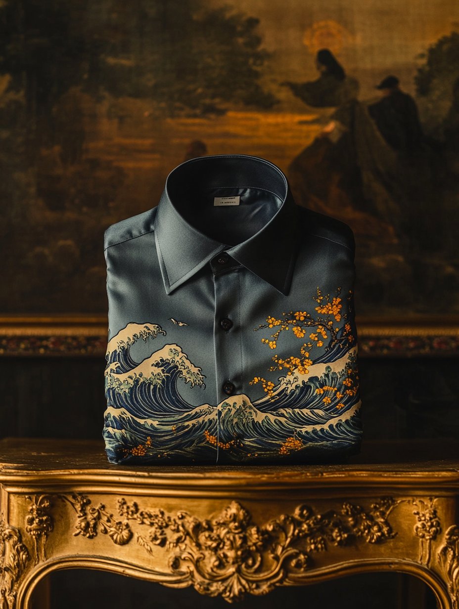 Camisa Ukiyo-e de lujo satén de manga larga para hombre