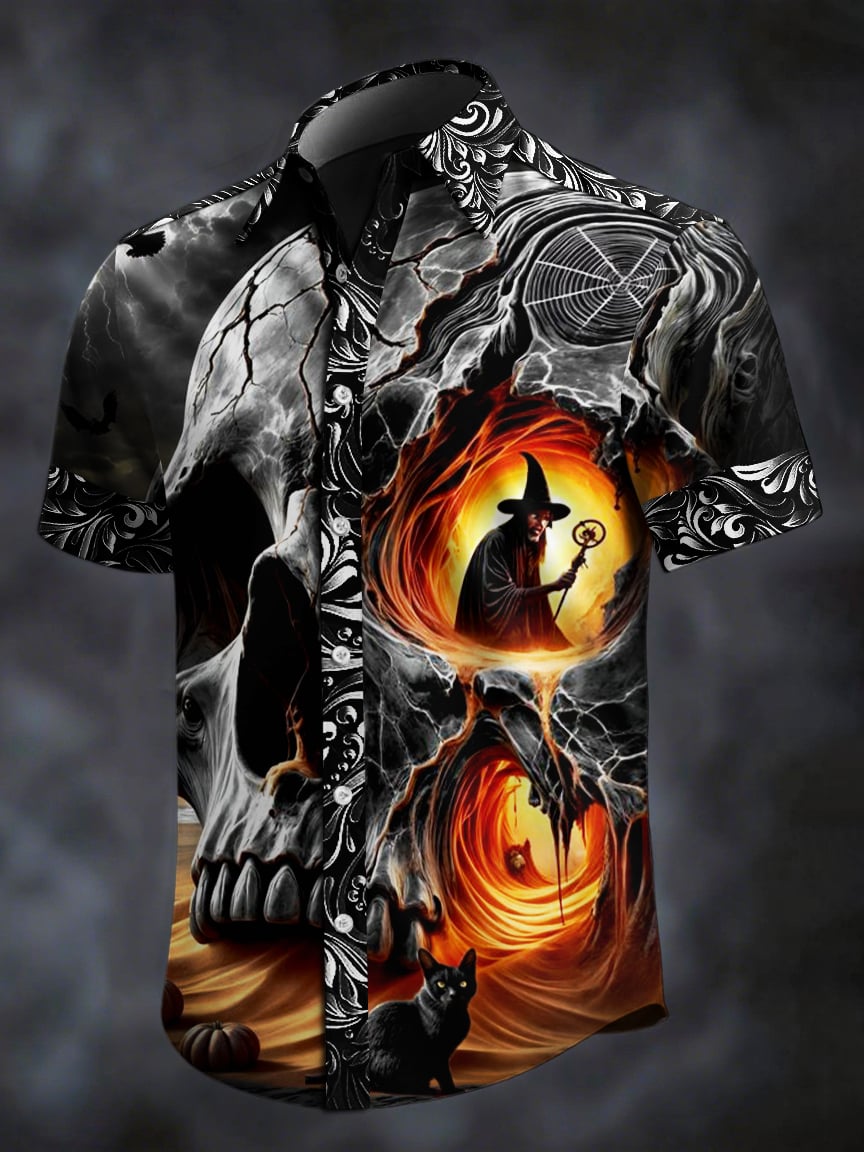 Camisa retro Skull estampado solapa de manga corta para hombre