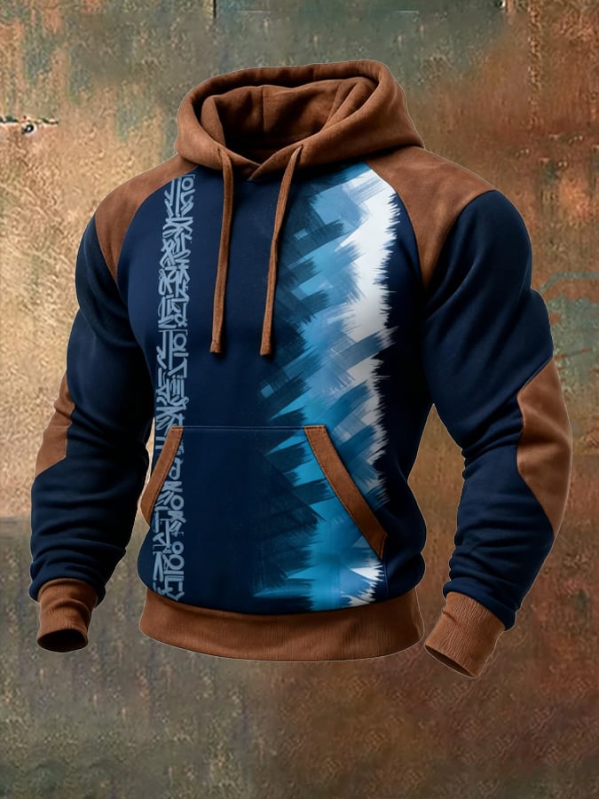 para hombre retro Distressed en bloques de color Print casual Fur Collar de manga larga Sweacamiseta