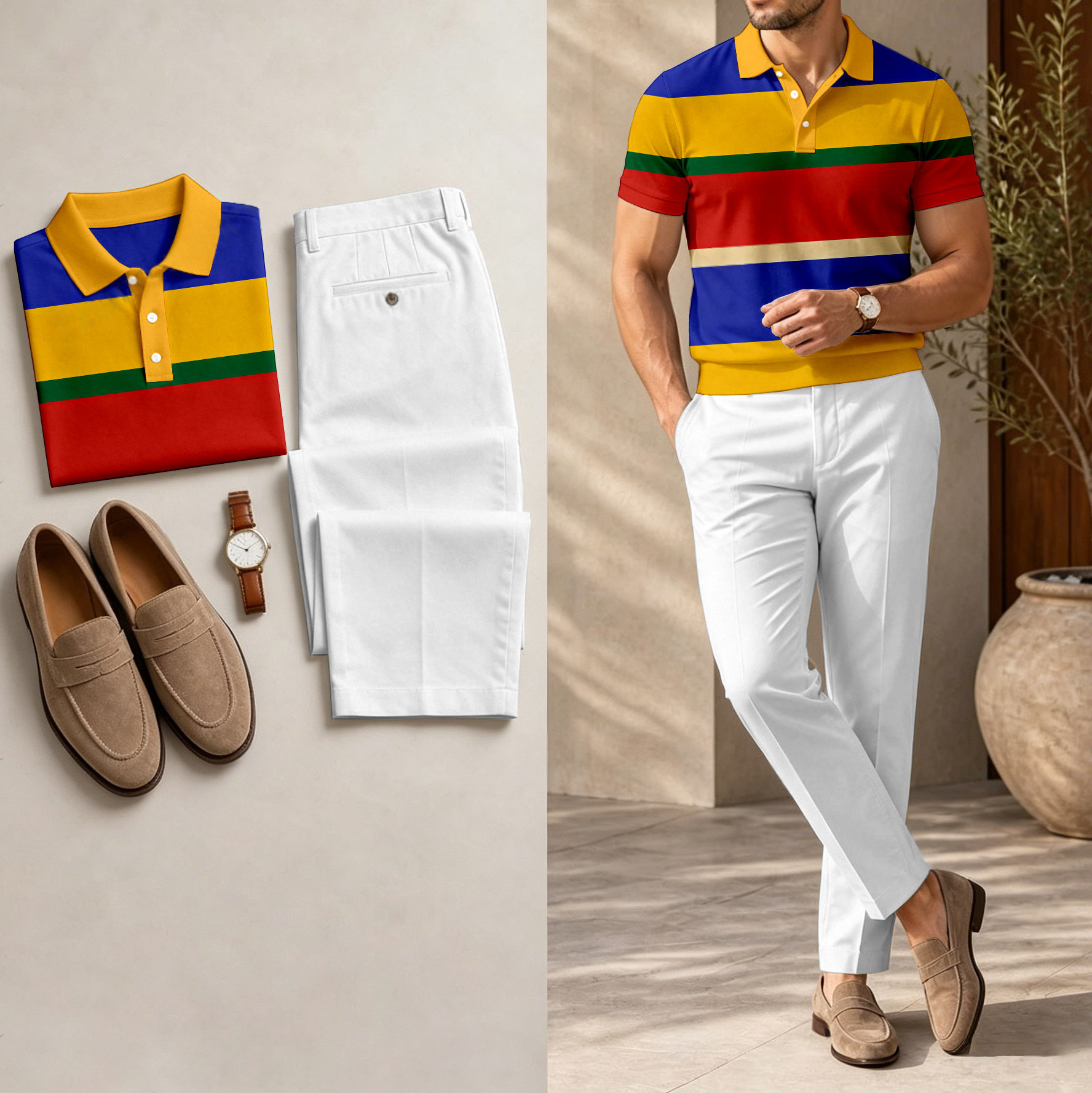 Conjunto de dos piezas casual Color-Blocked Geometric estampado camisa polo And pantalón para hombre