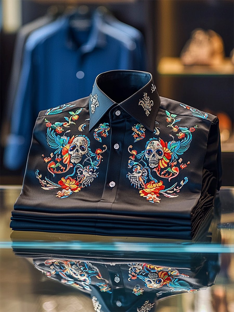 Camisa satén Luxe Skull de manga larga con botones para hombre