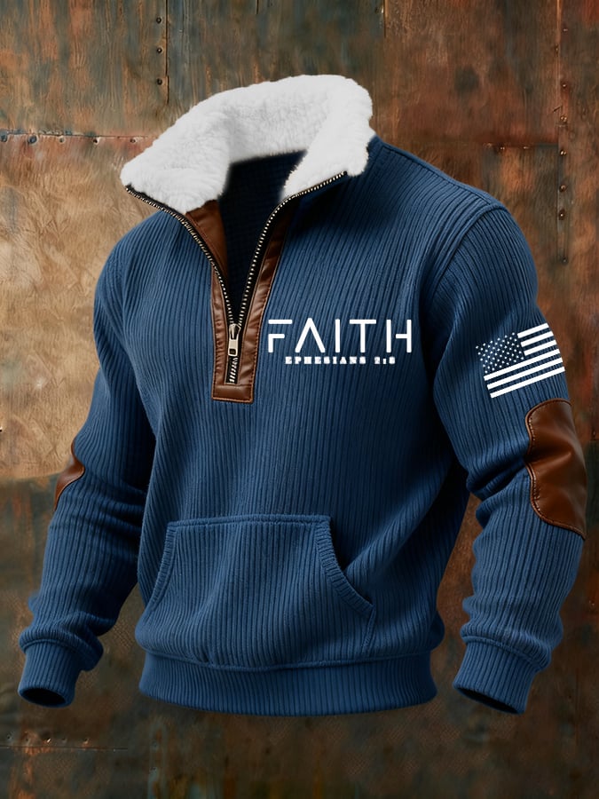 Sudadera retro Faith Cross estampado cierre Fur cuello de manga larga para hombre