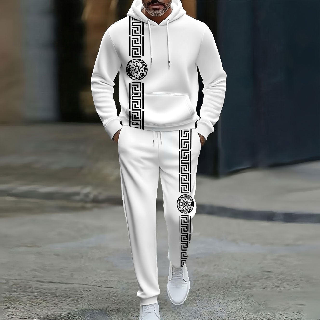Conjunto de dos piezas casual Color Matching Viking Asymmtric estampado Hooded de manga larga Trousers White para hombre