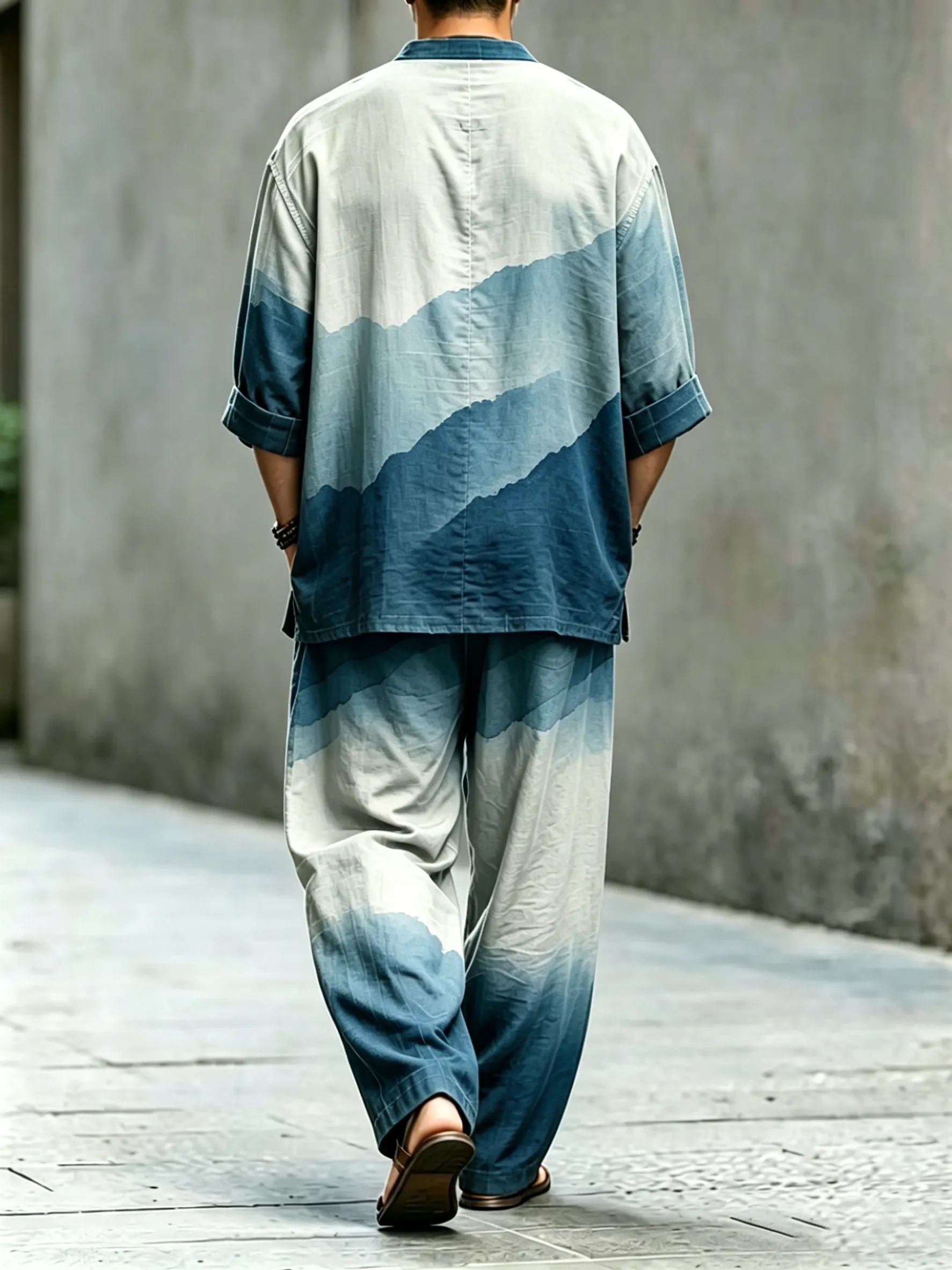 para hombre vintage Abstract Art estampado de algodón camisa Set (Top & pantalón)