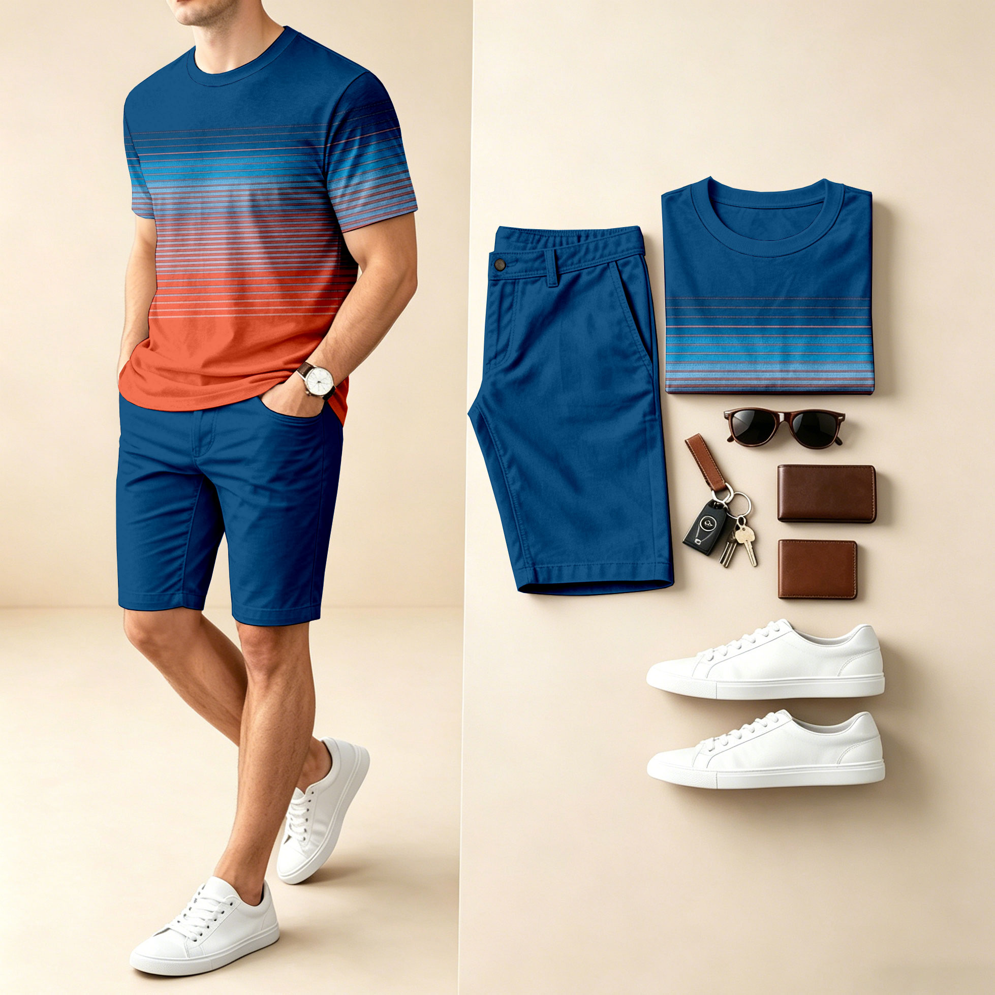 Conjunto de dos piezas casual Gradient-estampado Round-Neck de manga corta camiseta And shorts para hombre