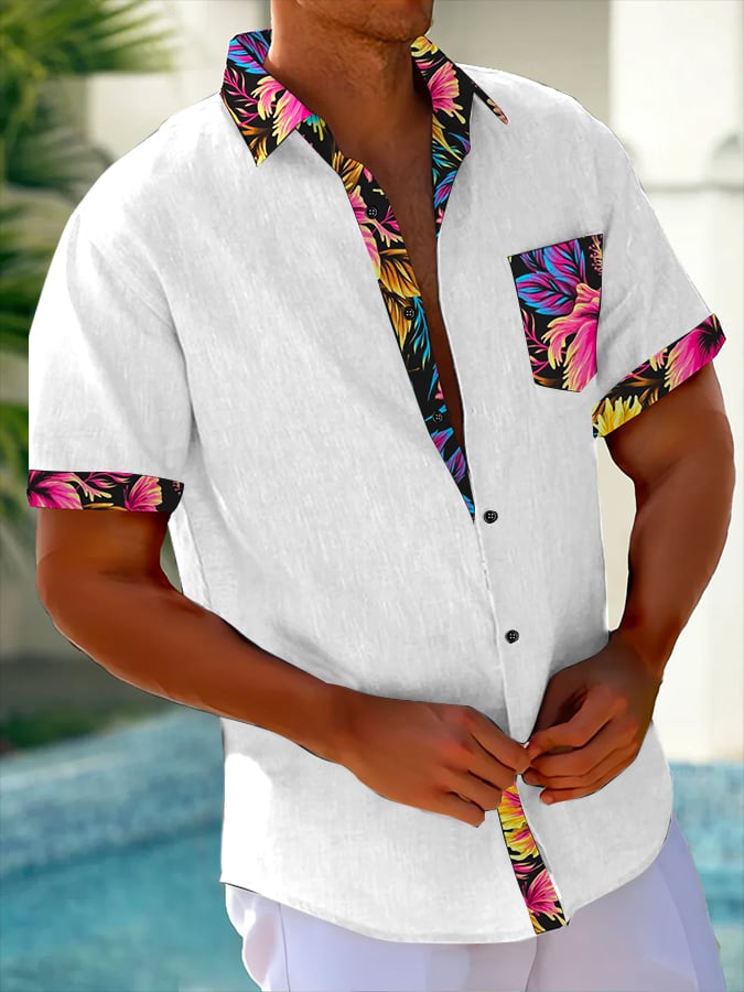 Camisa Resort Style Contrast estampado casual de manga corta para hombre