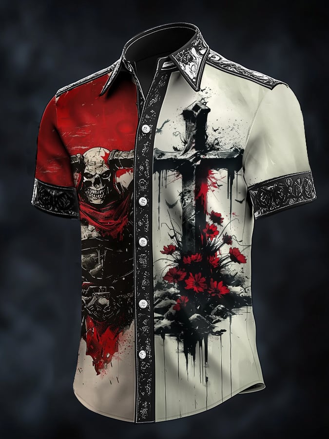 Camisa casual vintage Viking Skull satén para hombre