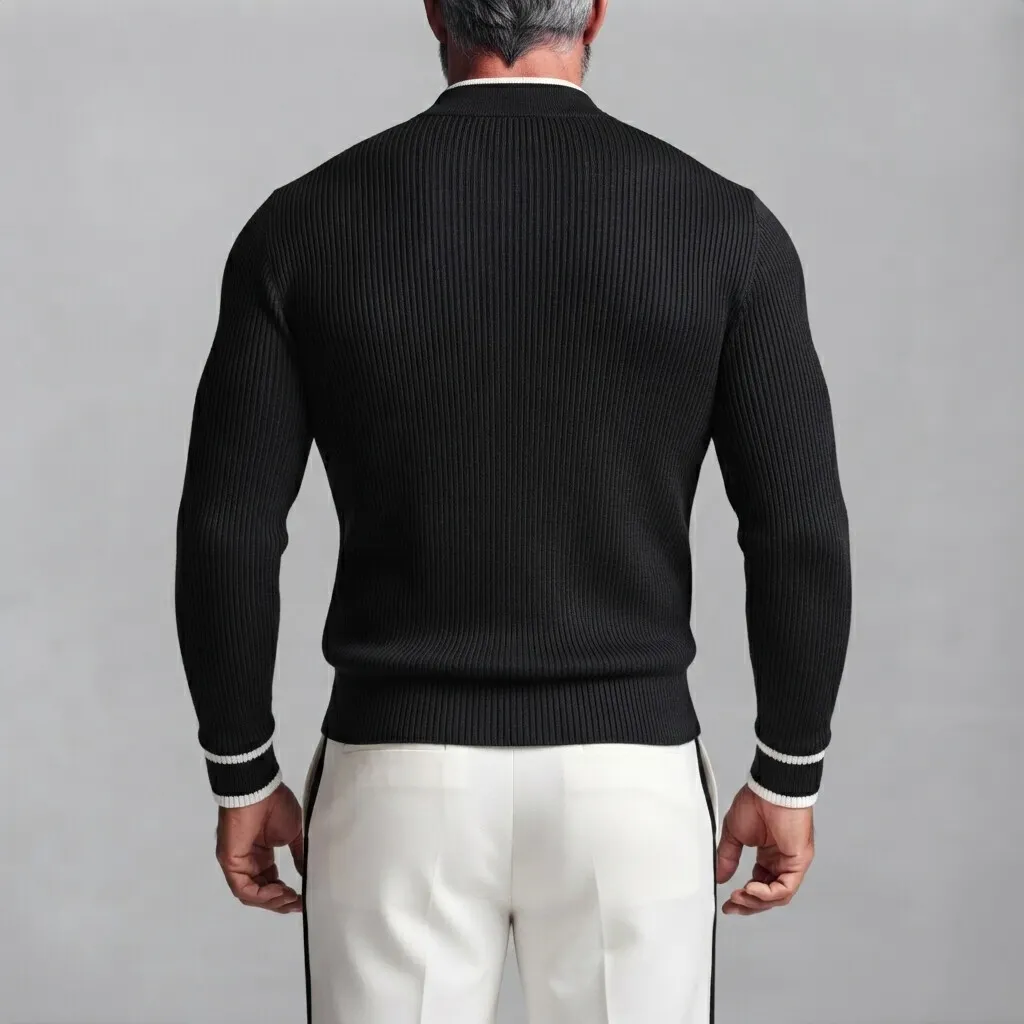 para hombre Black Ribbed tejido Stand Collar Contrast Piping de corte entallado Wrapped Sweater