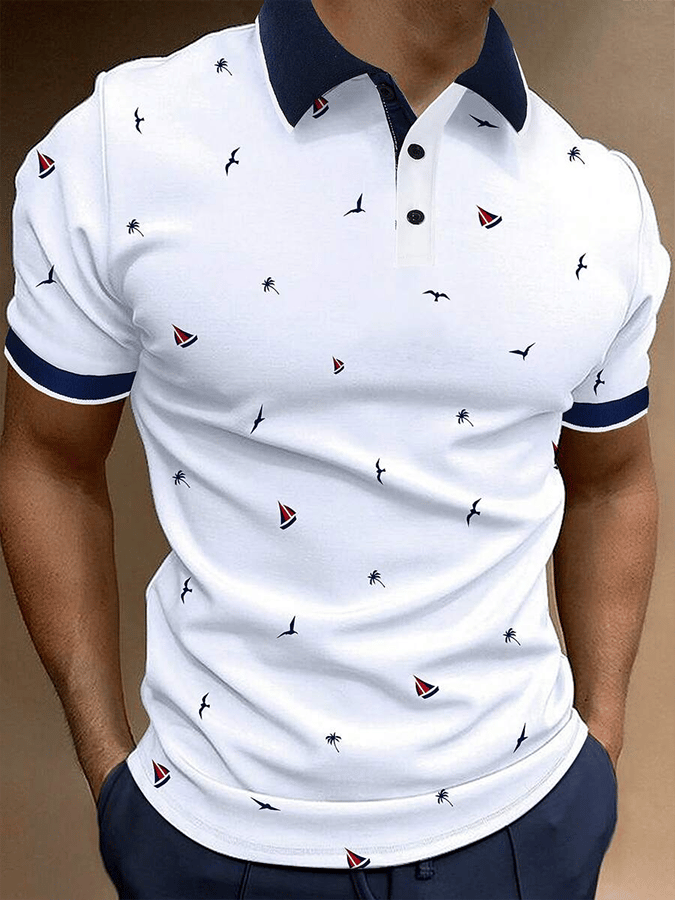 Camisa polo retro Contrast Design Button de manga corta casual para hombre