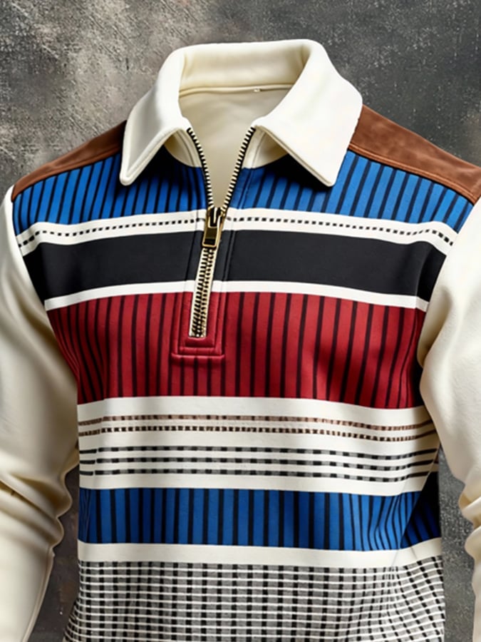 para hombre retro en bloques de color Print Color-Blocked con cierre Sweacamiseta