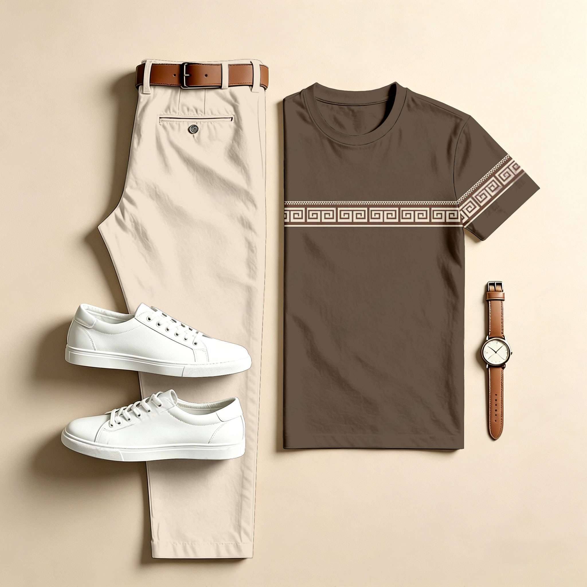 Conjunto de dos piezas casual Brown Geometry : estampado Crew Neck de manga corta Top & Long pantalón para hombre