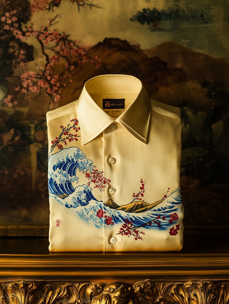 Camisa Ukiyo-e de lujo satén de manga larga para hombre