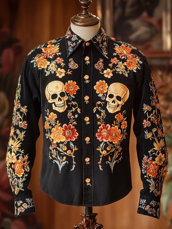 Camisa retro casual Skull estampado de manga larga para hombre