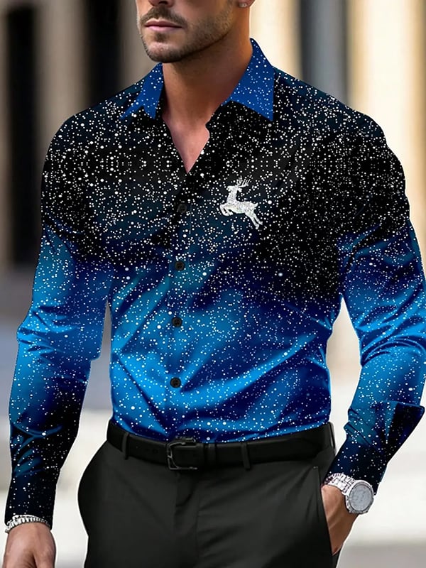 Camisa vintage Christmas Elk ejecutivo estampado de manga larga para hombre