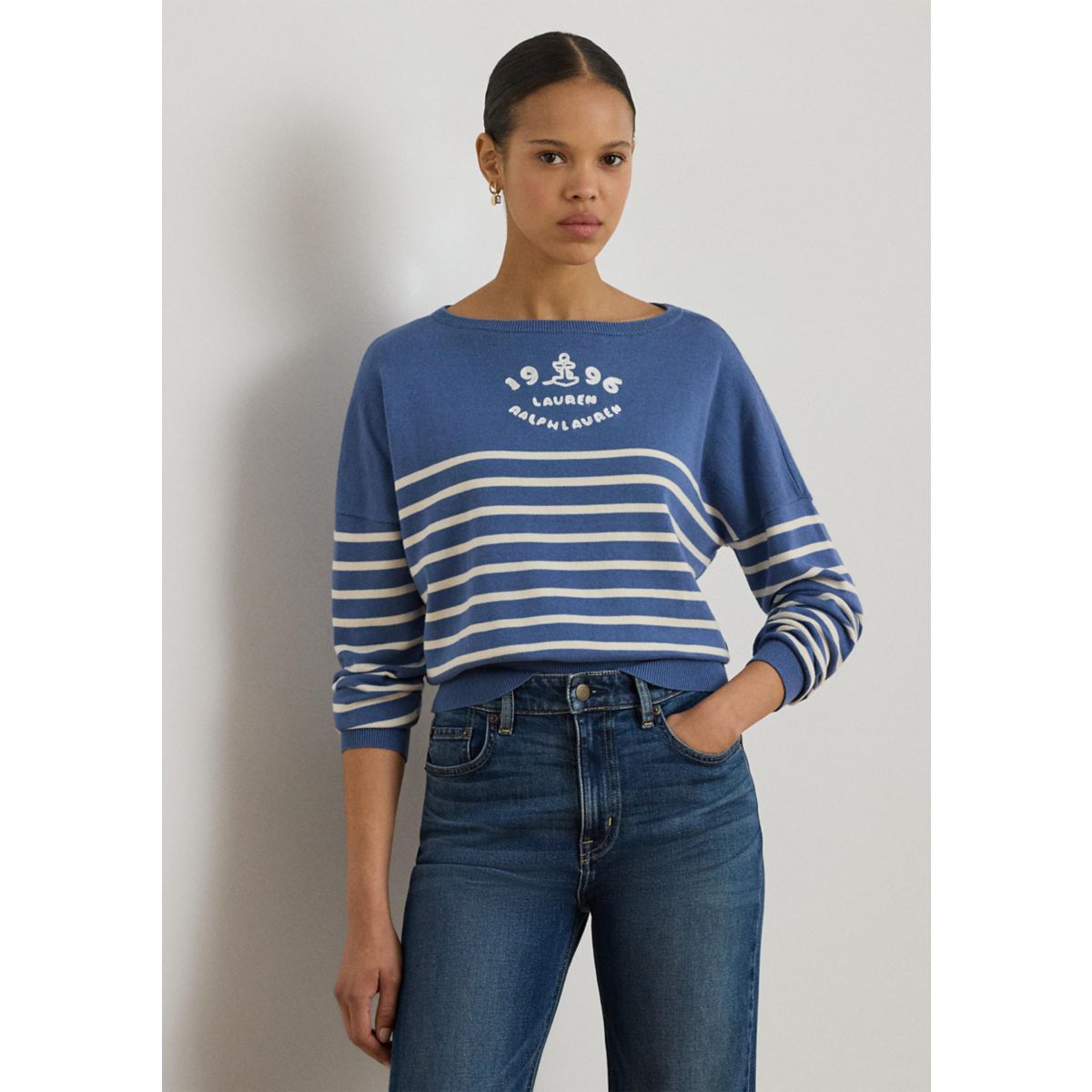 Women's Logo Striped Cotton Boat Neck Sweater - 1