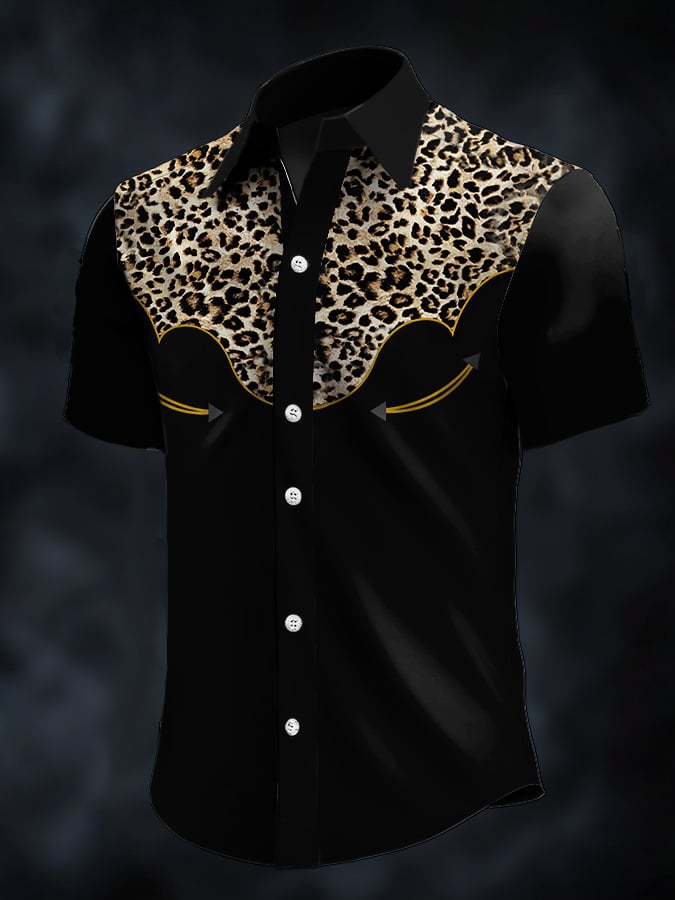 Camisa retro Western Contrast estampado de manga corta casual para hombre