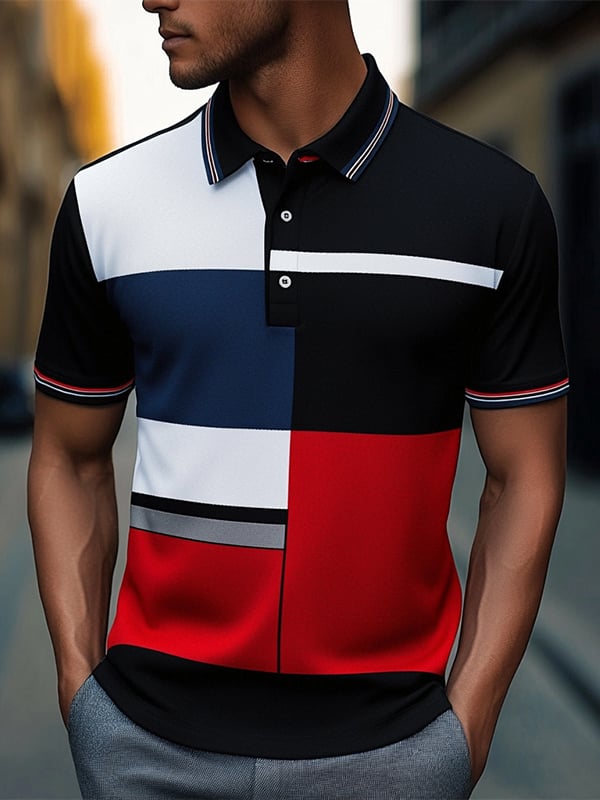 Camisa polo ejecutivo rayas Logo con botones de manga corta para hombre