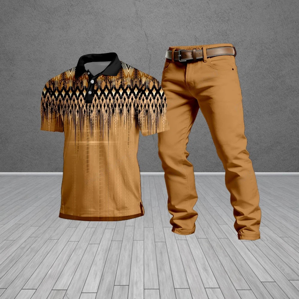 Conjunto de dos piezas Ethnic-Style Brown Patterned de manga corta camisa polo And Trousers para hombre