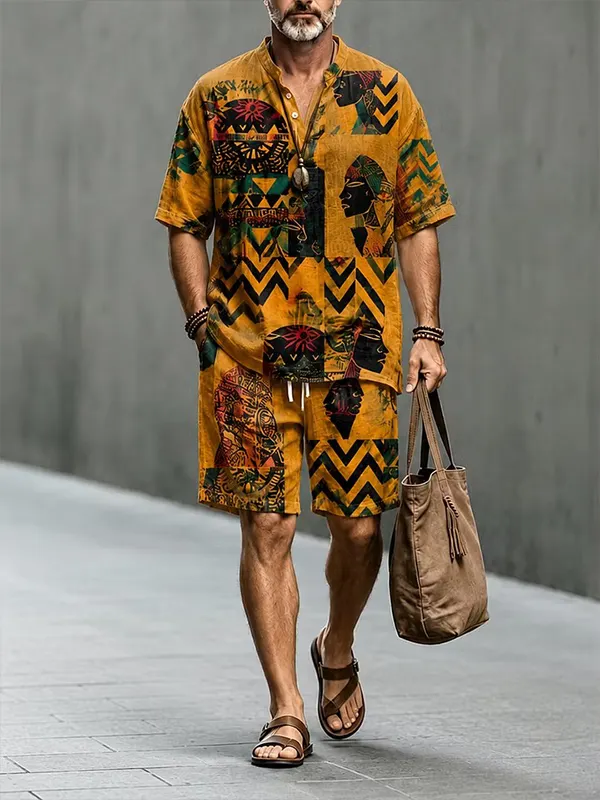 para hombre African Tribal Portrait Geometric Mask Print Half Button camisa shorts 2pcs Set