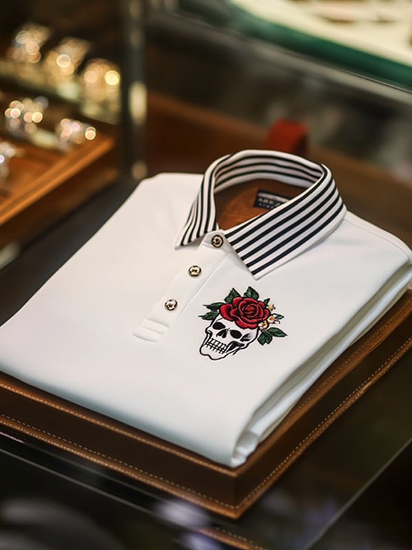 Camisa polo ejecutivo casual Skull estampado con botones para hombre