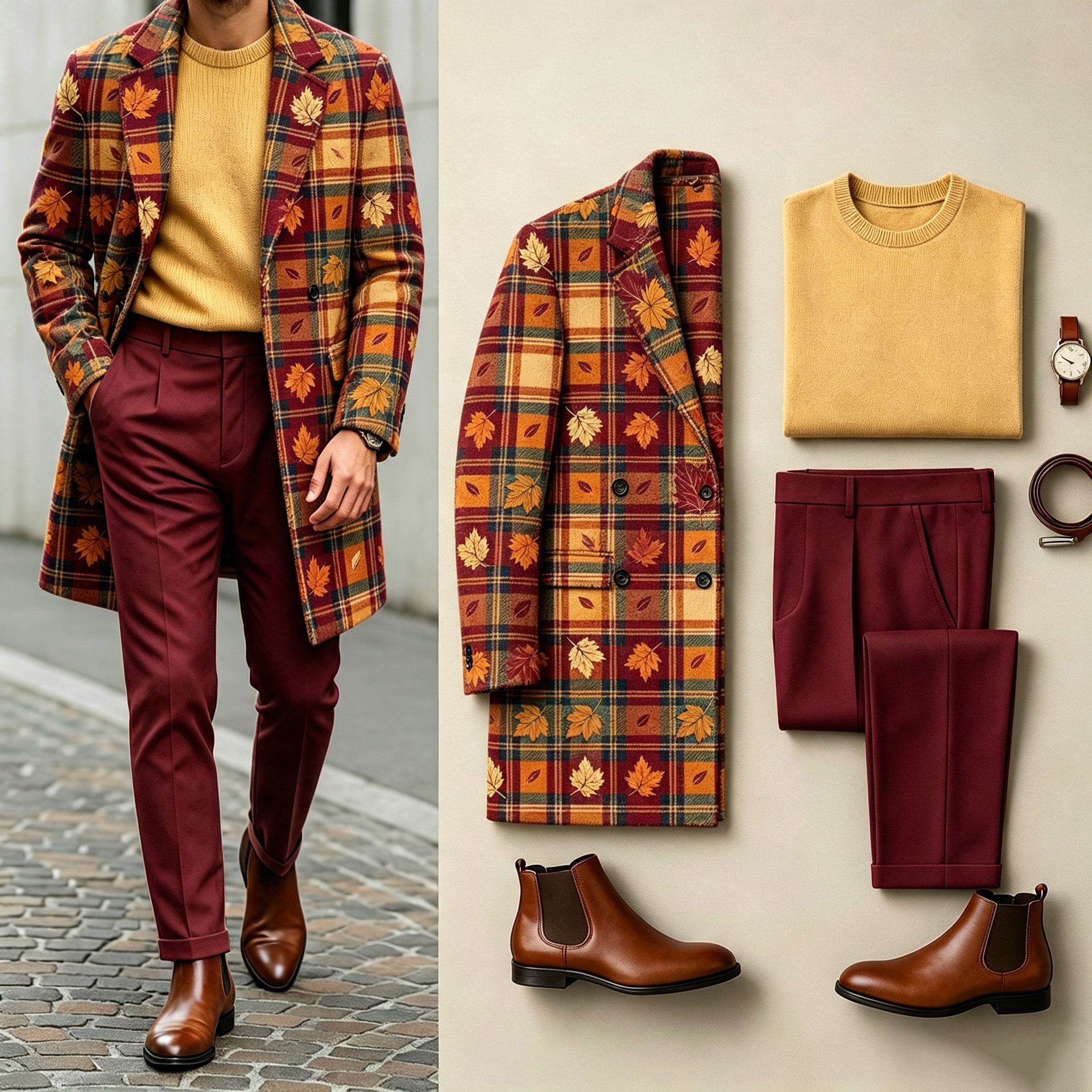 para hombre Brown Three-Piece Set: Mid-Length Wool Coat, Crew-Neck Sweater, and Flowy Dress pantalón
