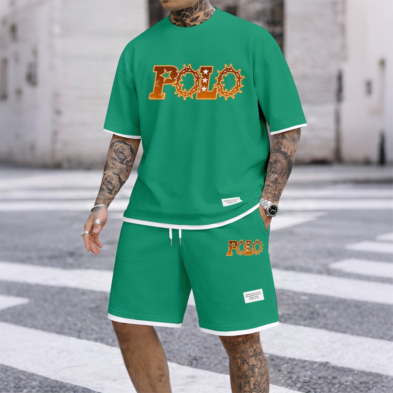Camisa retro Thorns estampado Waffle Fabric de manga corta And shorts Set para hombre