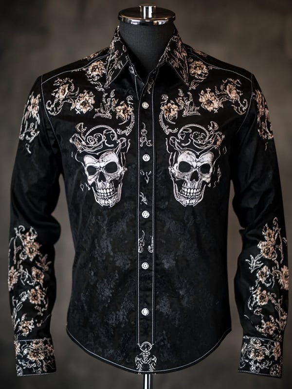 Camisa retro casual Skull estampado de manga larga para hombre