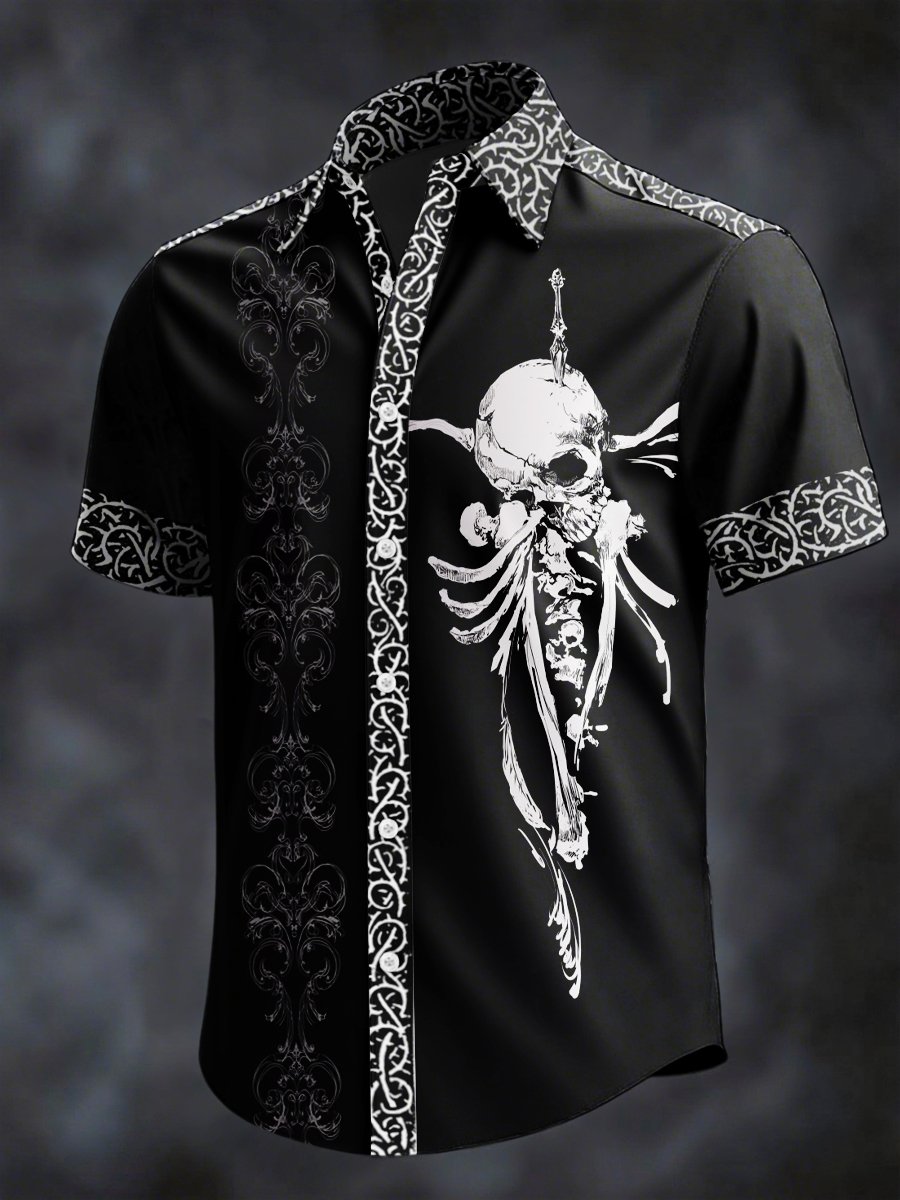 Camisa retro Horror Skull estampado solapa de manga corta para hombre